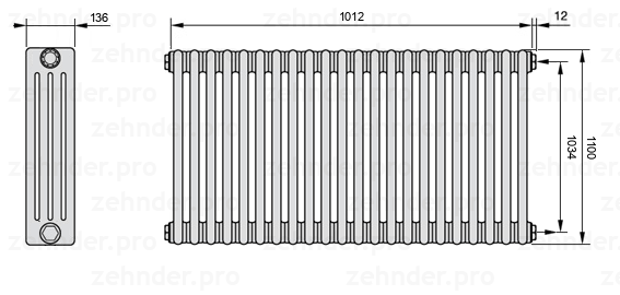 Схема (чертеж) Радиатор Zehnder Charleston 4110/22 №7610 Белый глянцевый RAL 9016
